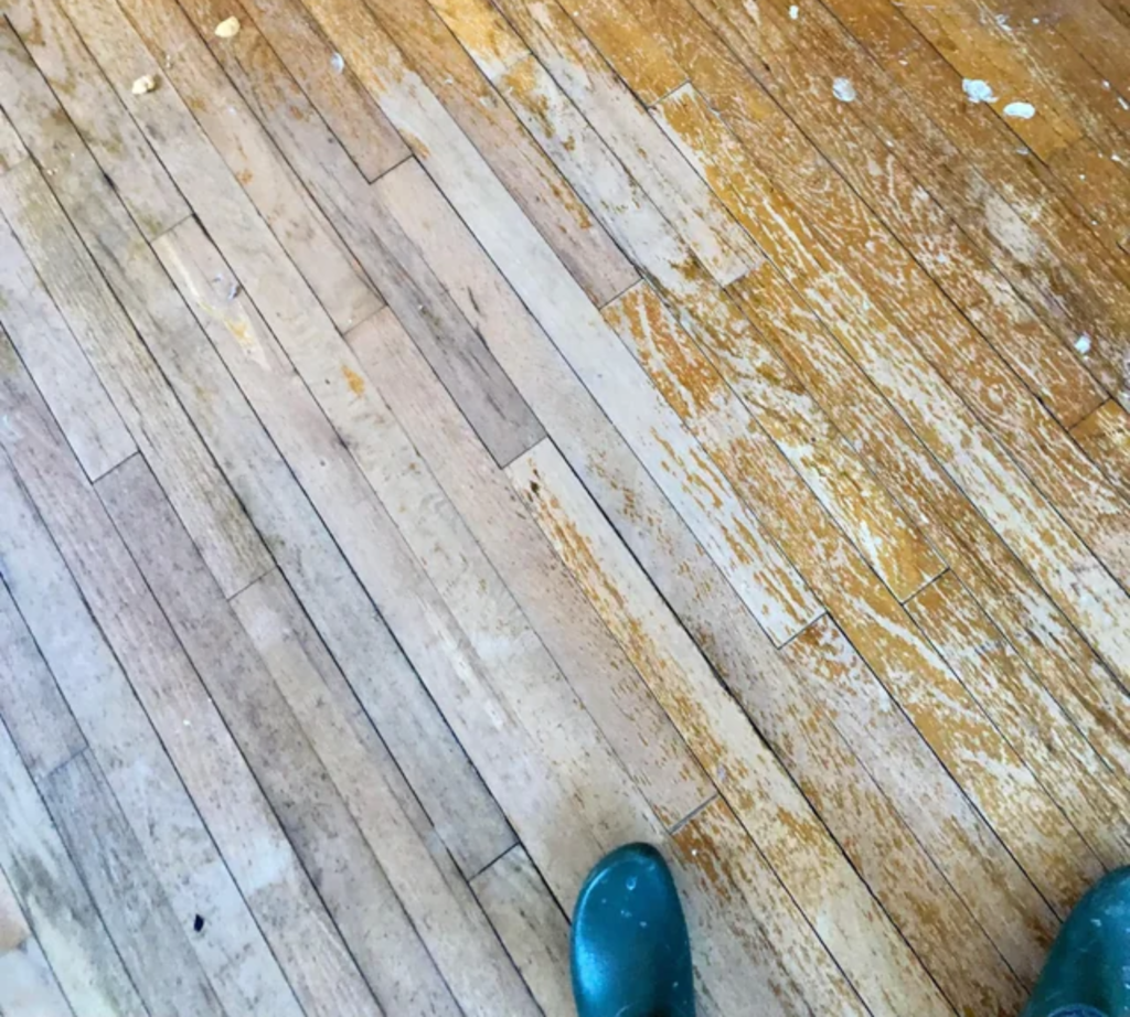 Old, unfinished hardwood floors.