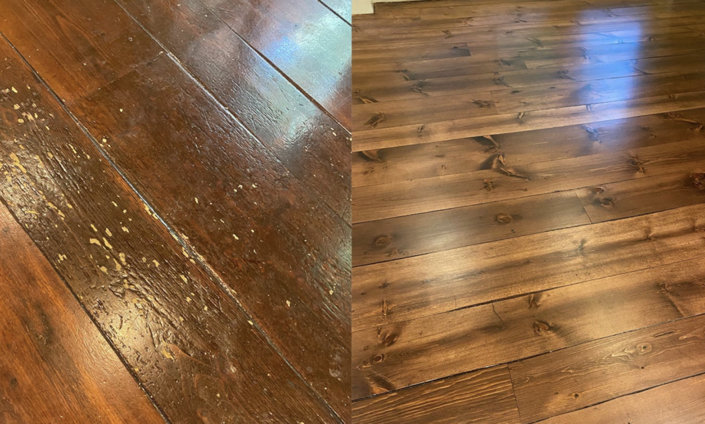 Refinishing before and after on wood flooring.