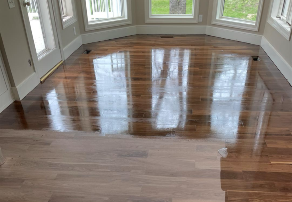 Freshly refinished hardwood flooring.